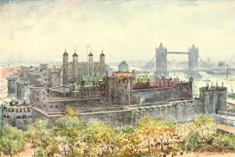 Her Majesty's Tower of London poster print by H. Tidmarsh, showcasing the iconic tower from Tower Hill in 1901.