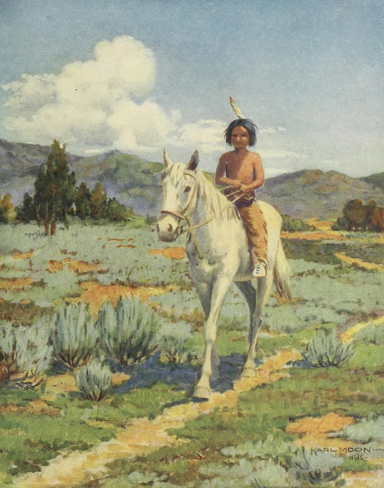 Indian Legends in Rhyme: The Ride poster print featuring an Indian boy on horseback.