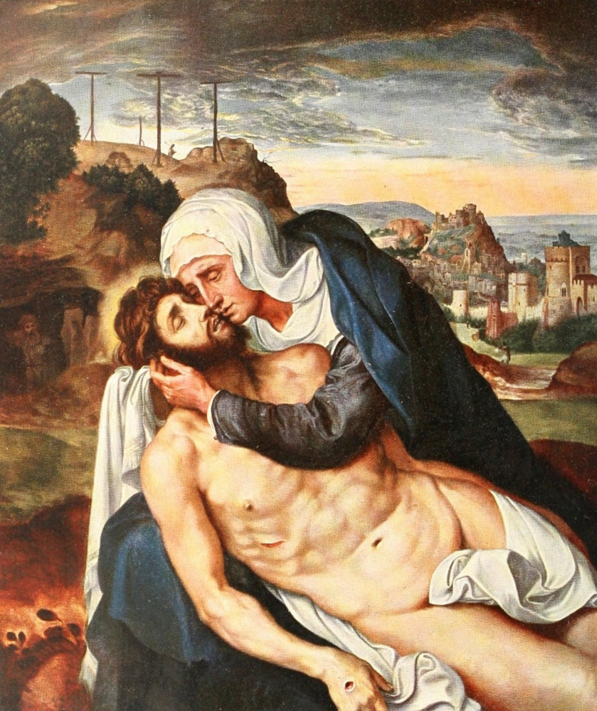 Pietá art print by Quentin Matsys showcasing emotional depth and religious significance.