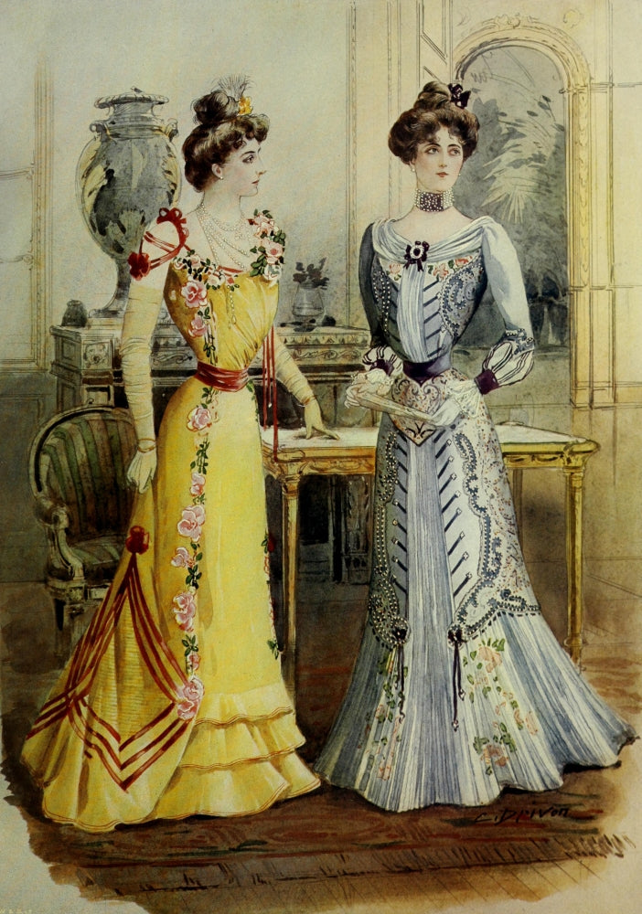 Latest Paris Fashions 1877 Chic Toilettes de Reception Poster Print showcasing vintage fashion elegance.