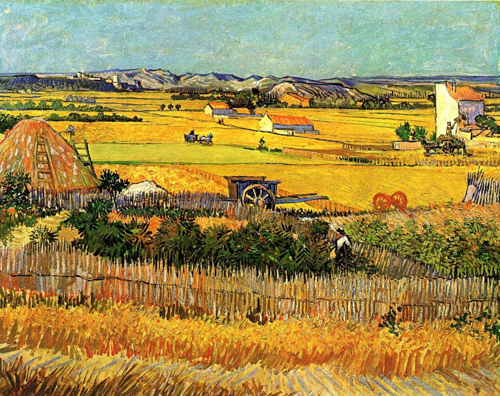 Harvest at la Crau art print by Vincent Van Gogh, vibrant colors and expressive brushstrokes.