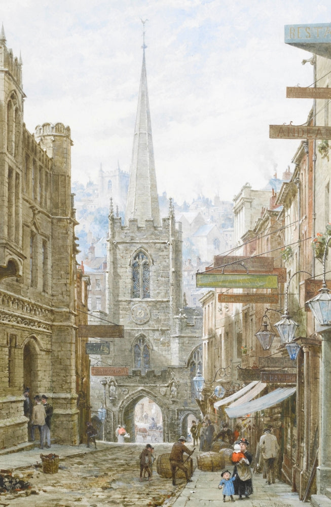Broad Street, Bristol Poster Print by Louise Rayner, showcasing vibrant architecture.