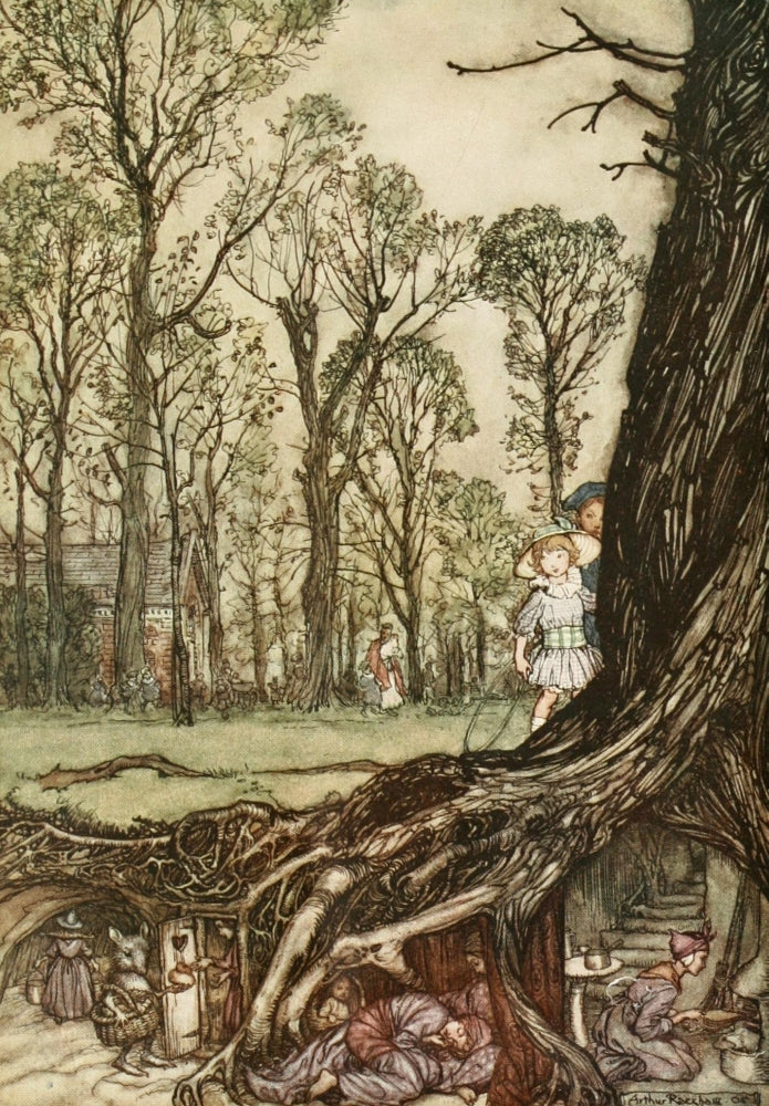 Peter Pan in Kensington Garden Fairies Poster Print by A. Rackham