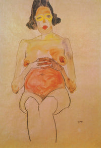 Red Nude, pregnant (1910) poster print by Egon Schiele showcasing bold colors and emotional expression.