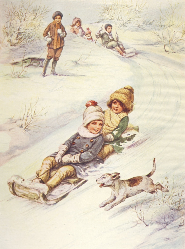 Little Frolic 1925 Sledging Poster Print featuring children sledding in winter