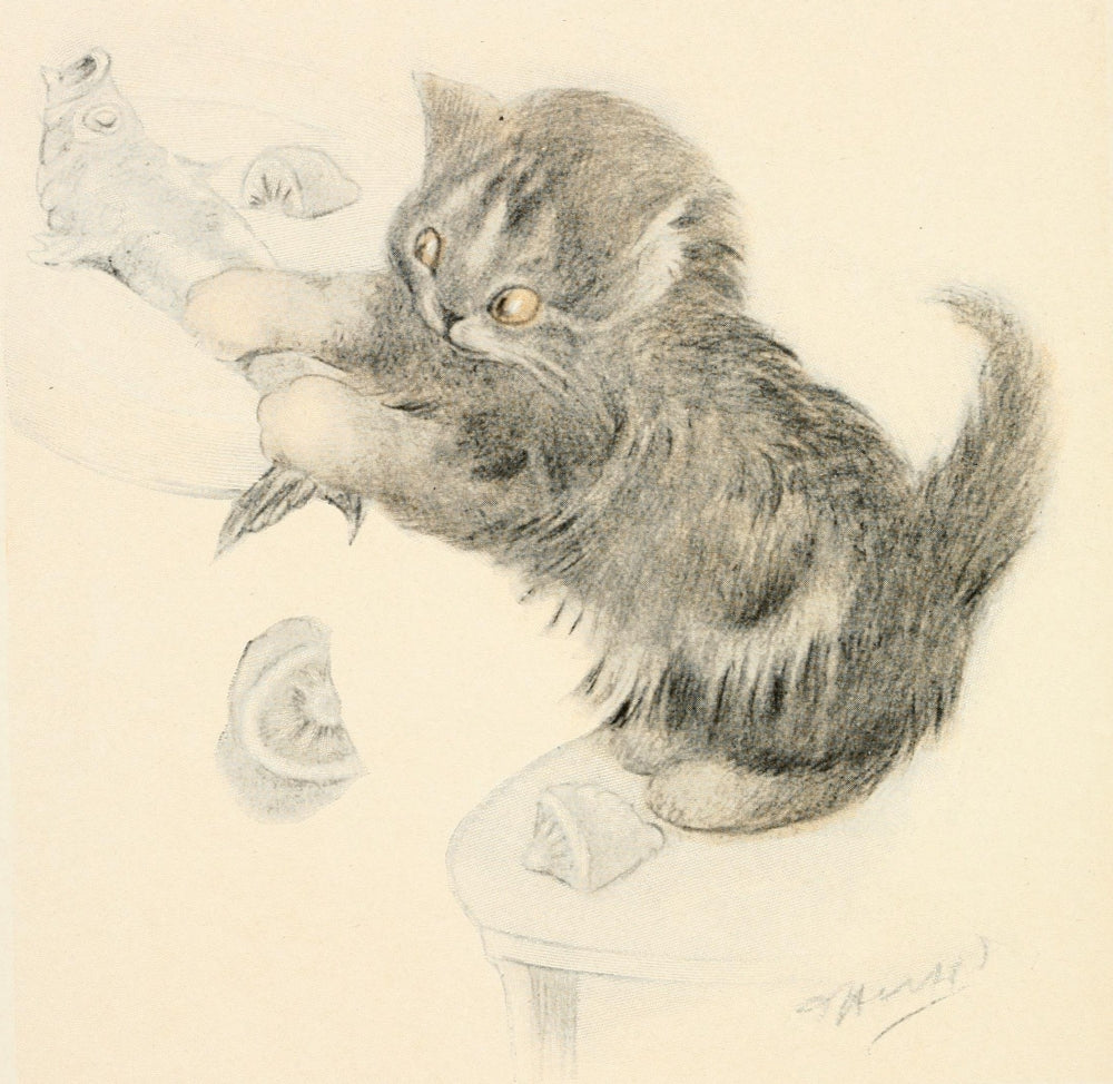 The Kitten's Garden of Verses 1911 Fish-stealing Poster Print by Oliver Herford featuring a playful kitten in a colorful garden.