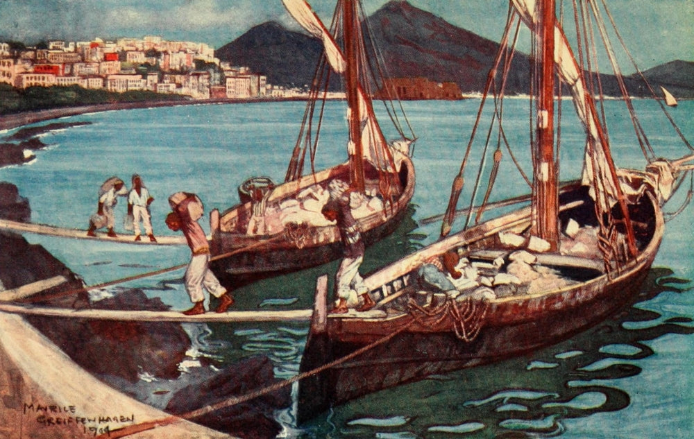 Naples Past & Present 1905 Unloading Boats Poster Print by Maurice Grieffenhagen