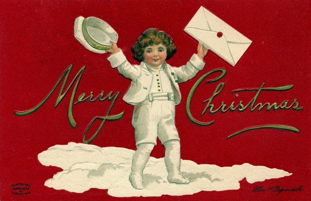 Child with Christmas Card Poster Print by Ellen Clapsaddle