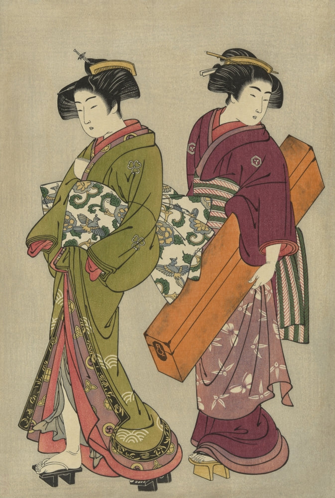 Geisha and a Servant Carrying Her Koto art print by Shigemasa Kitao.