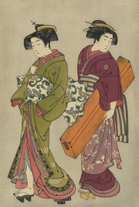 Geisha and a Servant Carrying Her Koto art print by Shigemasa Kitao.