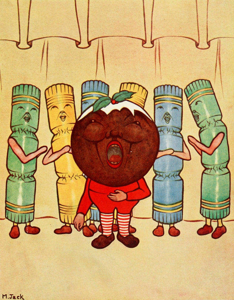 Brownie in Christmas Land Poster Print by Marian Jack featuring Christmas pudding and choir.