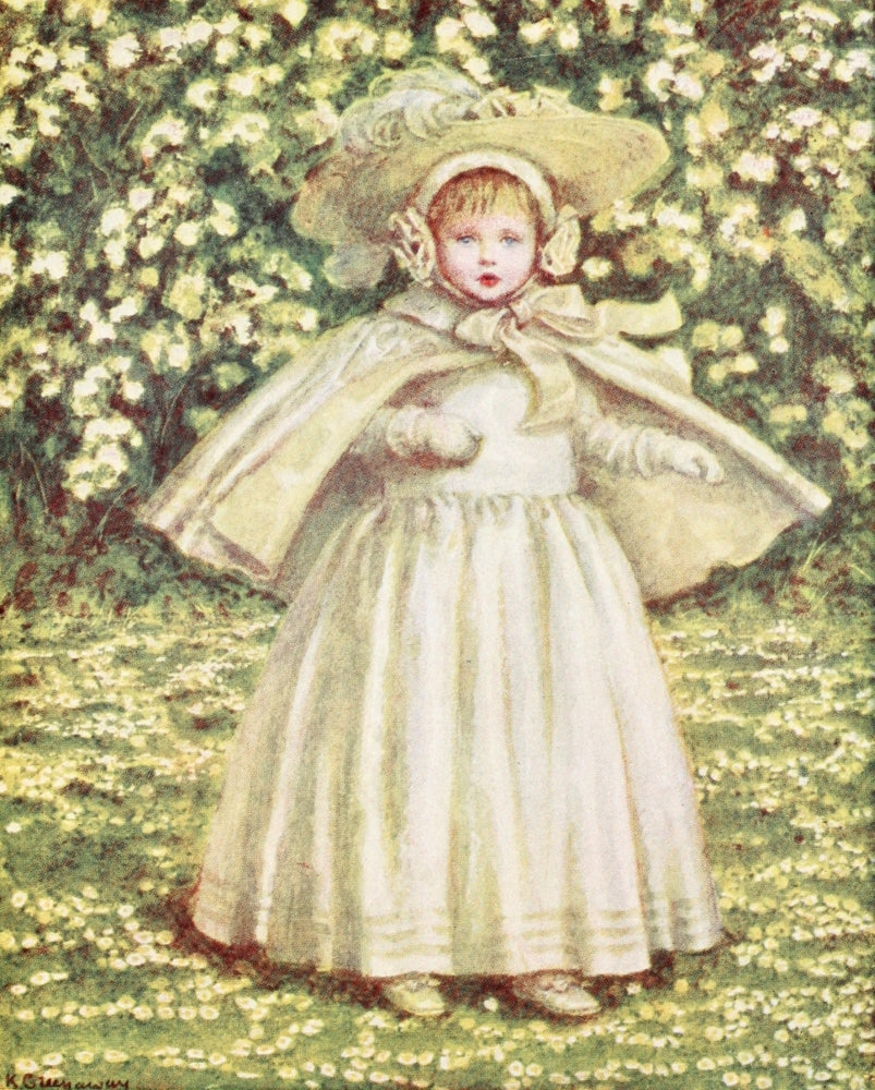 A Baby in White Poster Print by Kate Greenaway, showcasing a charming baby in white attire.