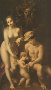 Mercury Instructing Venus fine art print by Antonio Allegri da Correggio, featuring intricate details and vibrant colors.