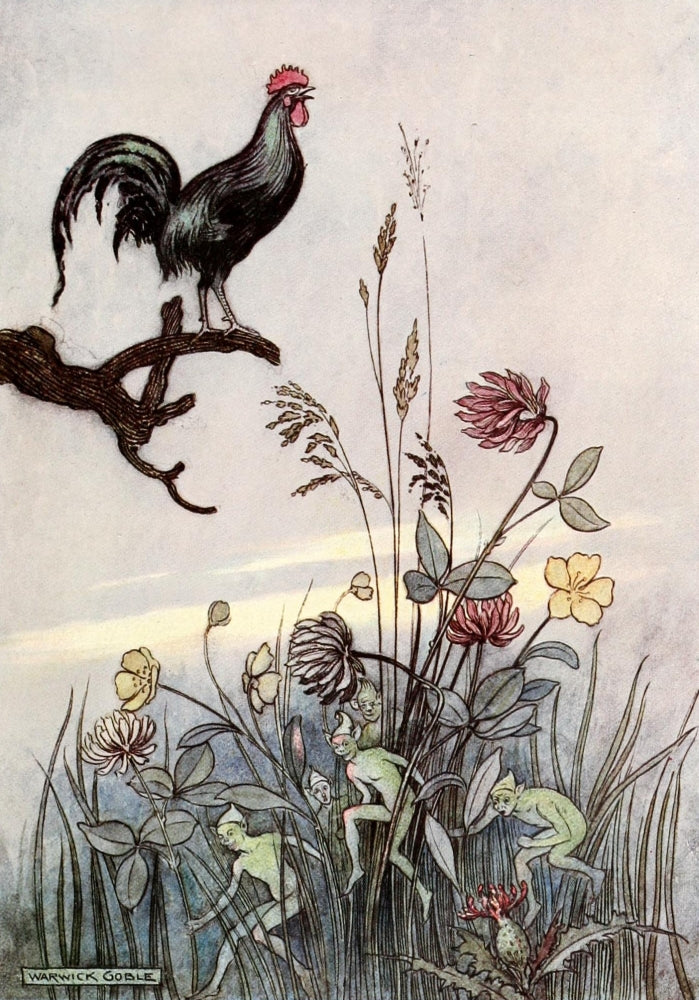 The Cock Crowed for the Third Time Poster Print by Warwick Goble, a whimsical fairy tale artwork