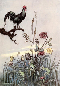 The Cock Crowed for the Third Time Poster Print by Warwick Goble, a whimsical fairy tale artwork