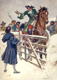Horse-Rider in the Snow Poster Print by Charles Brock, vintage winter landscape illustration.