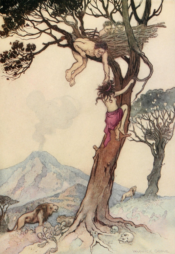 The Water-Babies 1909 Poster Print by Warwick Goble featuring lions and trees.