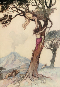 The Water-Babies 1909 Poster Print by Warwick Goble featuring lions and trees.