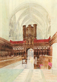 Gloucester Cathedral Choir Poster Print by Warwick Goble showcasing architectural beauty.