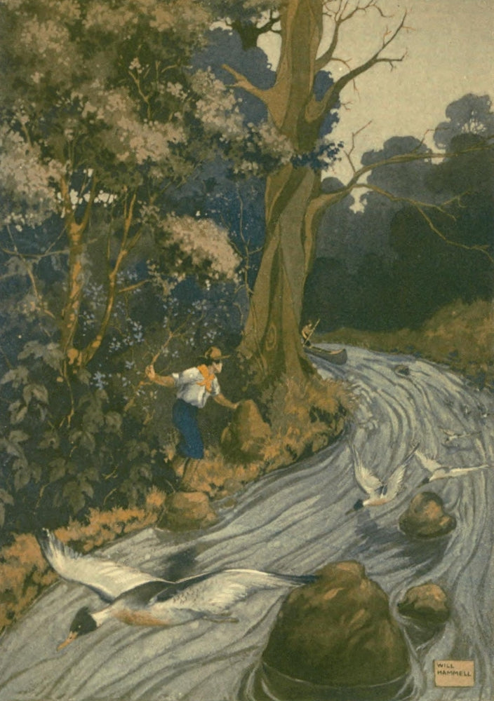 Canoeing in the Wilderness Art Print by Will Hammell, depicting a canoe navigating rapids.