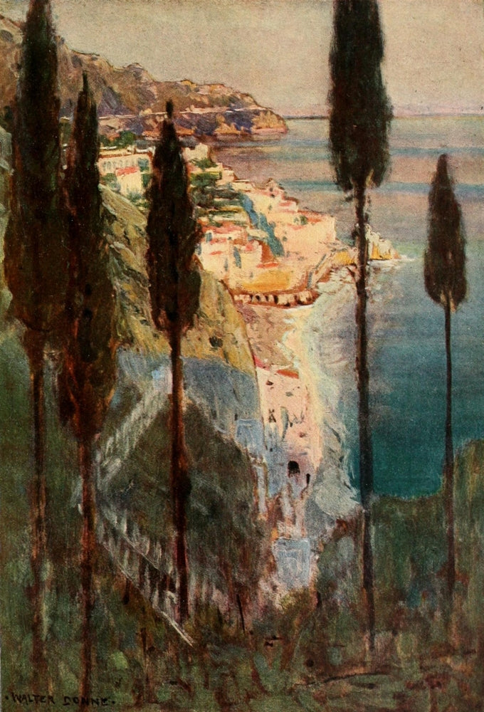 Evening Shadows Amalfi Poster Print by Walter Donne, showcasing serene coastal beauty.