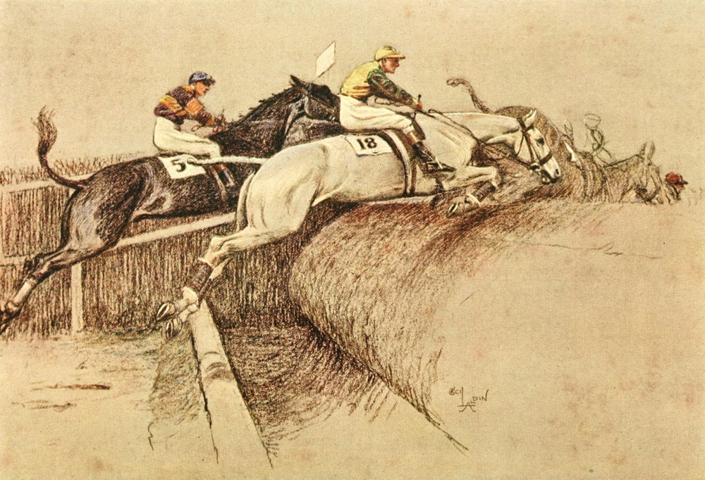 Right Royal 1922 Horse-Racing Jump Poster Print by Cecil Aldin showcasing an exciting horse racing scene.