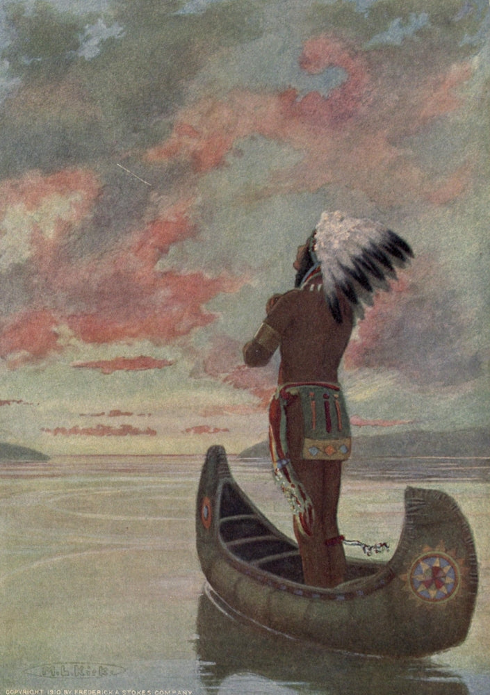 Story of Haiwatha poster print by Maria Kirk, showcasing a ship sailing into a fiery sunset.