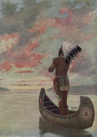 Story of Haiwatha poster print by Maria Kirk, showcasing a ship sailing into a fiery sunset.