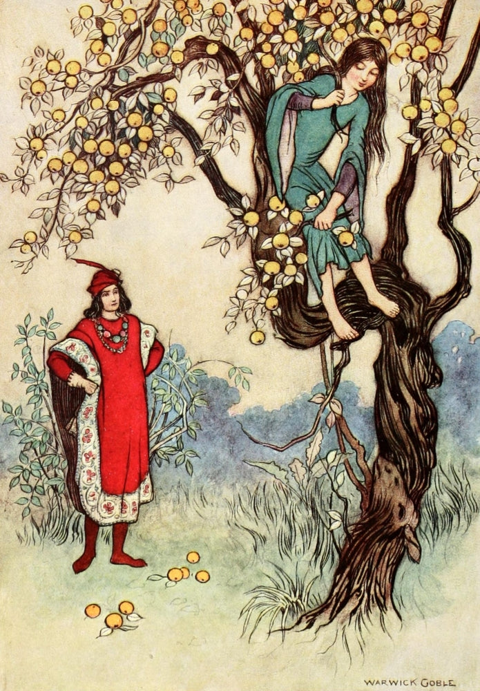Poster print of 'She Climbed Up and Broke Off a Branch' from The Fairy Book 1913 by Warwick Goble.