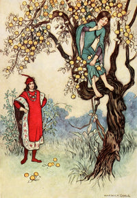 Poster print of 'She Climbed Up and Broke Off a Branch' from The Fairy Book 1913 by Warwick Goble.