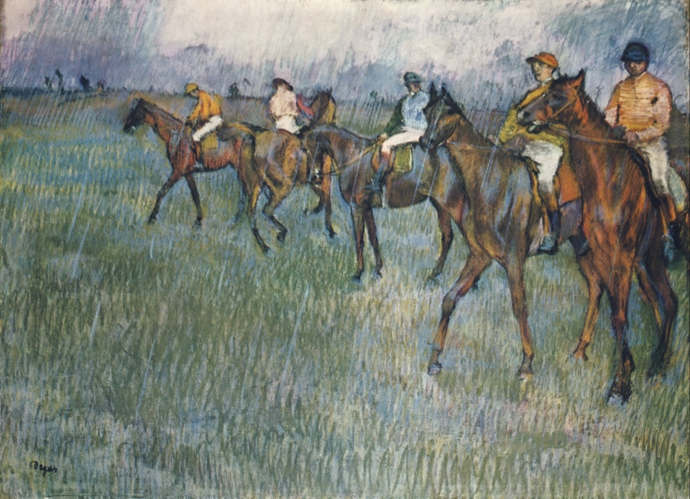 Jockeys in the Rain Art Print by Edgar Degas, showcasing dynamic horse racing scene.