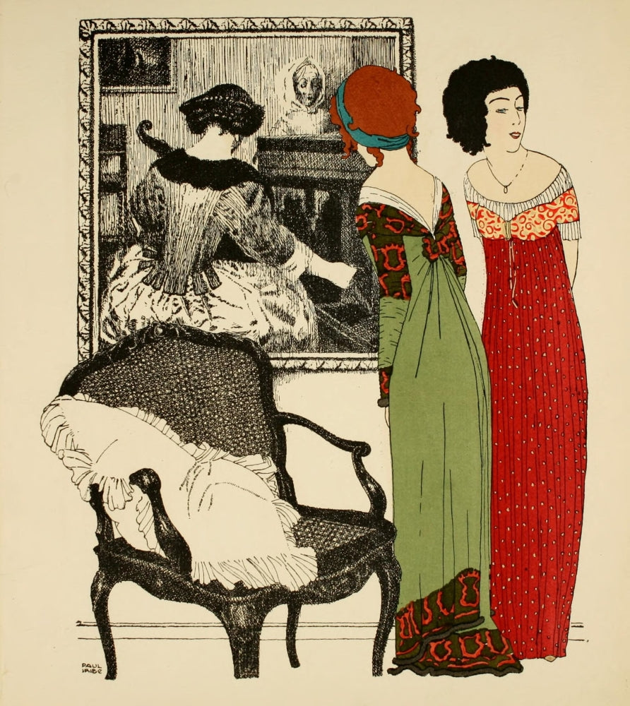 Les Robes de Paul Poiret 1908 Poster Print featuring ladies in green and red dresses by Paul Iribe