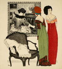 Les Robes de Paul Poiret 1908 Poster Print featuring ladies in green and red dresses by Paul Iribe