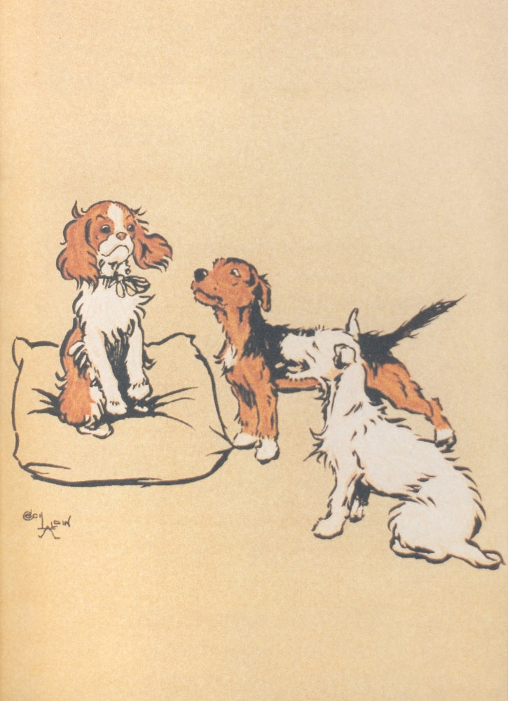 The Mongrel Puppy Book 1912 Suitors Poster Print by Cecil Aldin, showcasing playful puppies in a vintage illustration.