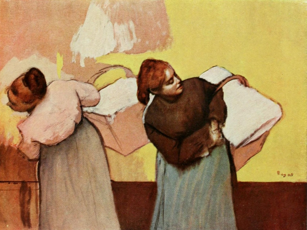 Les Blanchisseuses Poster Print by Edgar Degas showcasing laundry workers.