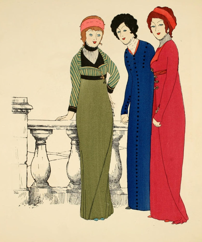 Les Robes de Paul Poiret 1908 art print featuring three ladies in red dresses by Paul Iribe.