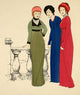 Les Robes de Paul Poiret 1908 art print featuring three ladies in red dresses by Paul Iribe.