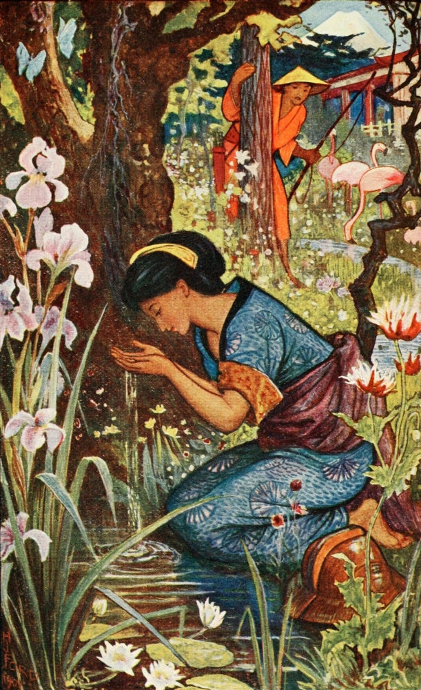 The Violet Fairy 1906 Poster Print by Henry J. Ford, featuring a girl with a wooden helmet in a magical landscape.