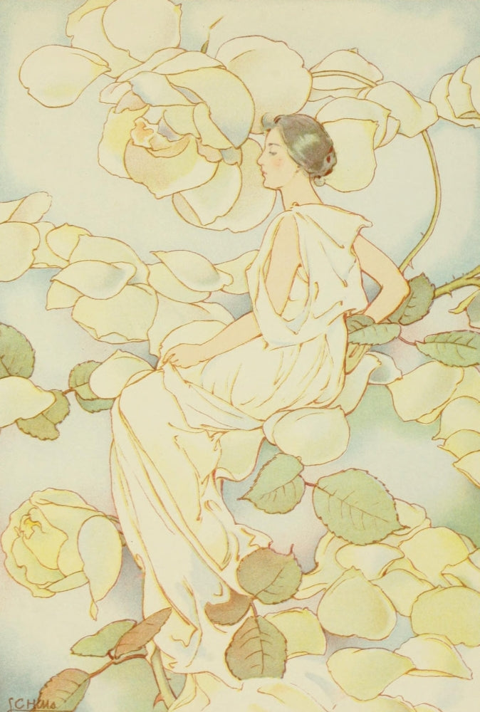 Dream Roses 1897 poster print featuring a woman in pale yellow surrounded by roses.