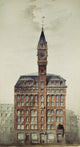 Watercolor print of the 1873 Tribune Building in New York City by Richard Morris Hunt