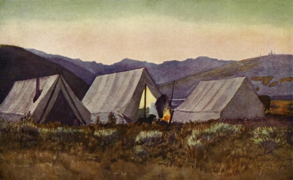 Evening Camp Poster Print by James Blomfield showcasing a tranquil landscape.