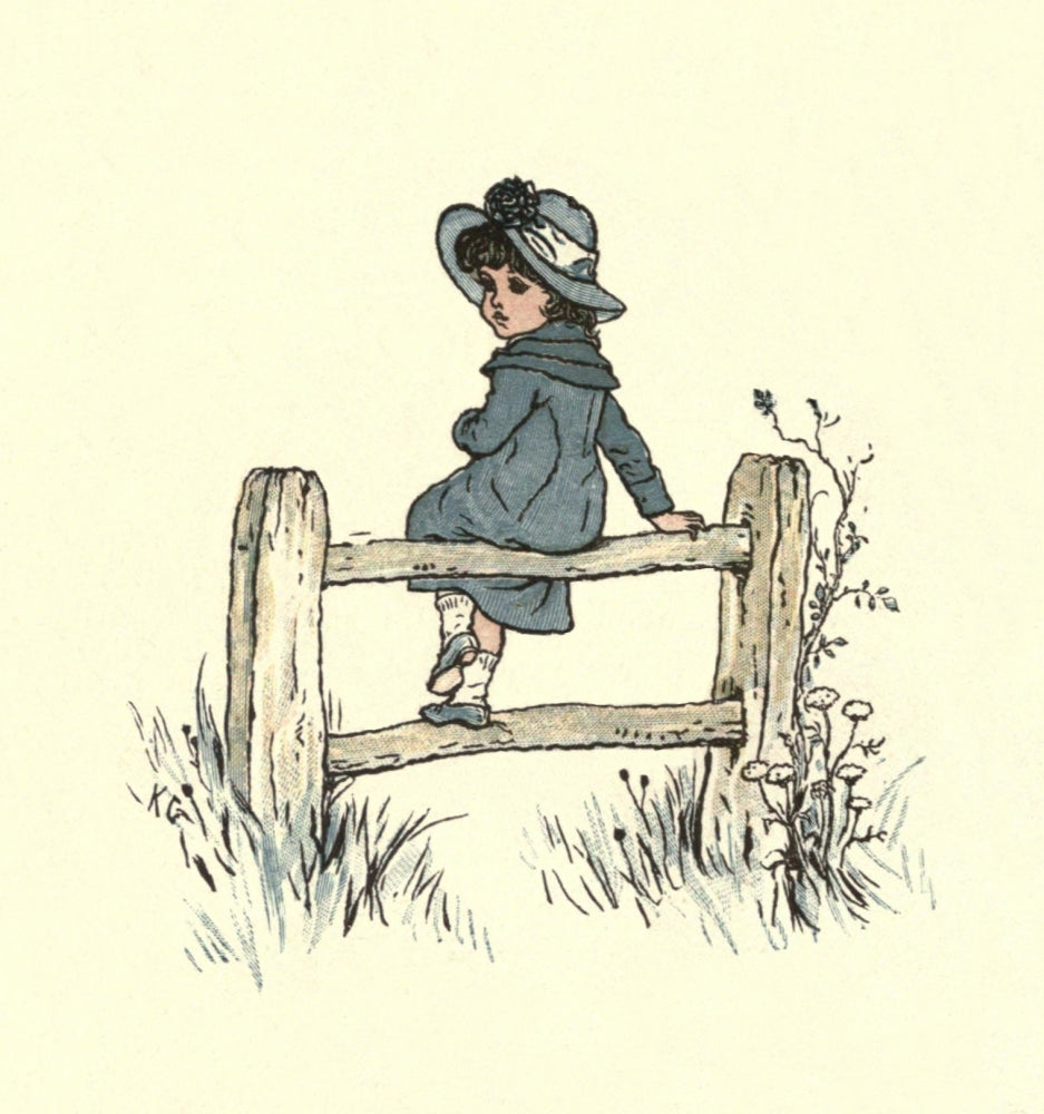 Under the Window 1879 Art Print by Kate Greenaway featuring a girl on a gate.