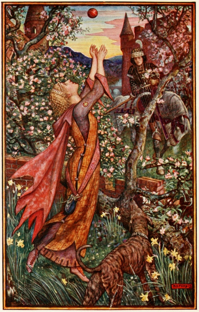 The Lilac Fairy Book 1910 Poster Print - Girl Playing Ball in Orchard by Henry J. Ford