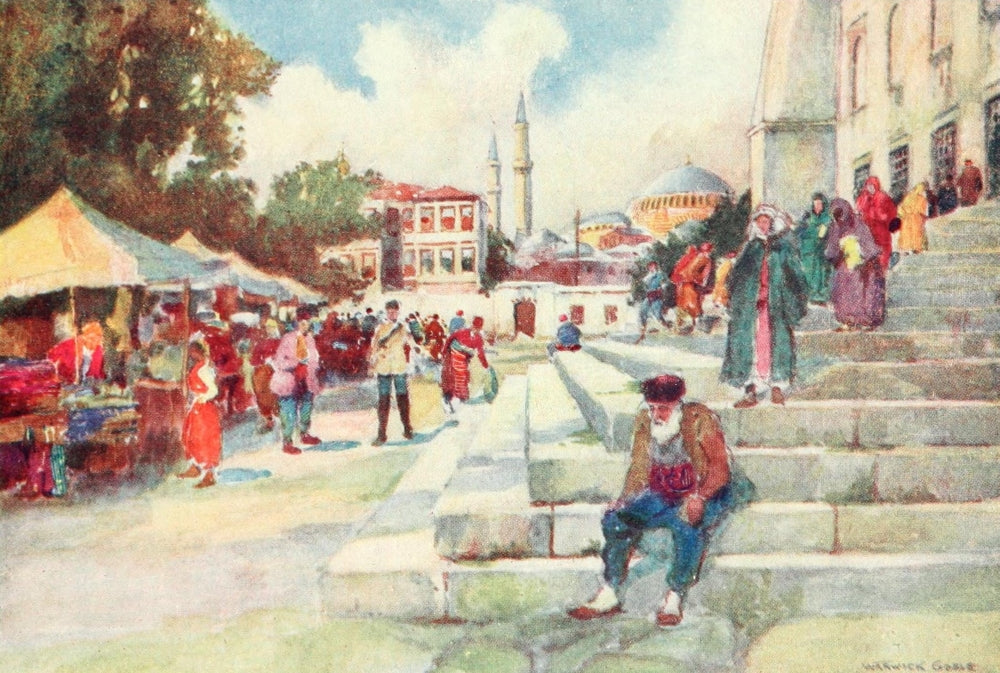 Constantinople 1906 Market in Court of Mosque Poster Print by Warwick Goble.