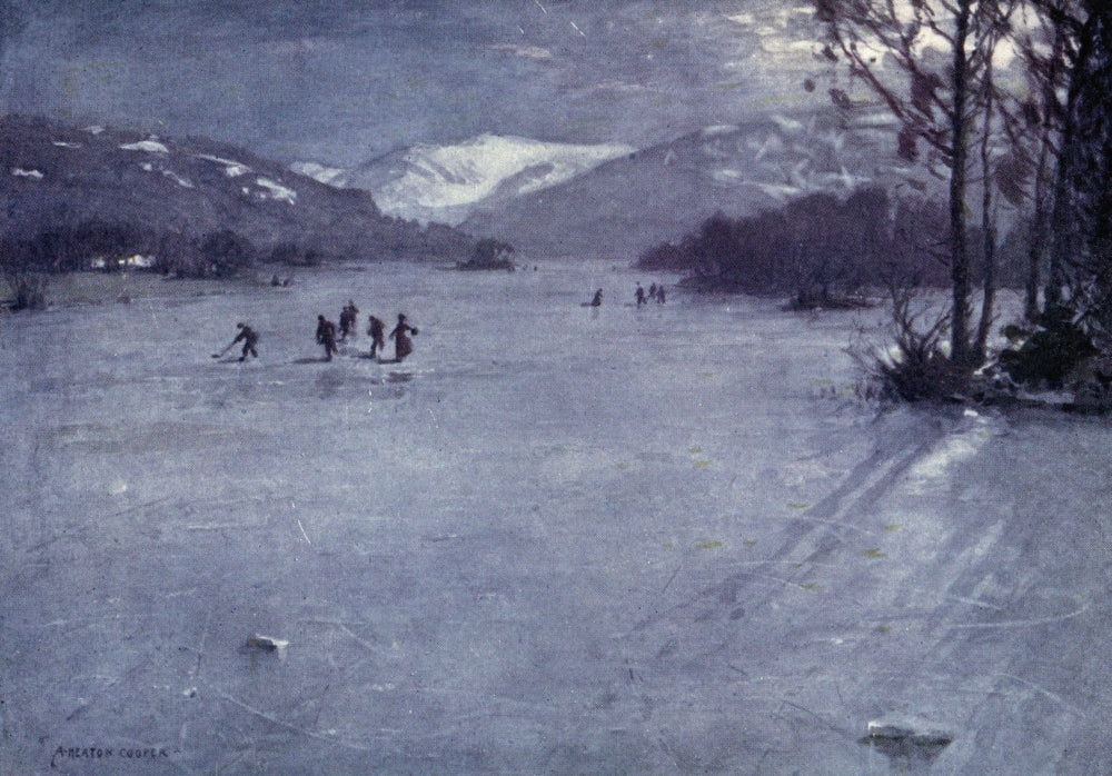 English Lakes 1908 Skating by Moonlight on Windermere poster print featuring serene winter scene.