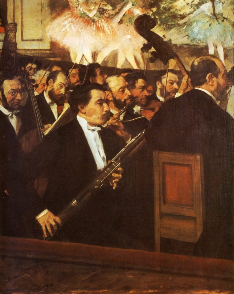 Orchestra of the Opera 1869 Poster Print by Edgar Degas showcasing musicians and dancers.