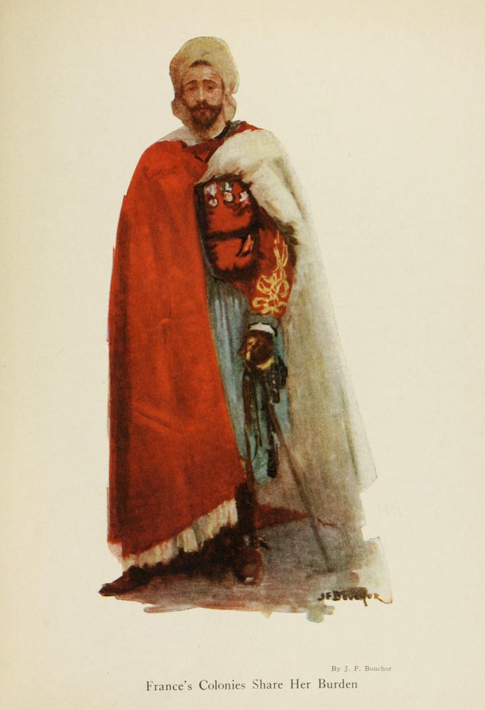 Harper's Library of WW 1920 France's Colonies Share Her Burden Poster Print by J.F. Bouchor