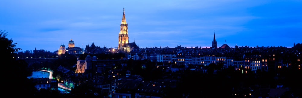 Bern Cathedral and Skyline at Dusk Poster Print showcasing the beauty of Bern, Switzerland.