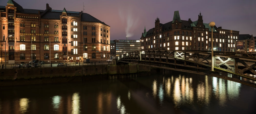 HafenCity Hamburg waterfront illuminated at night poster print
