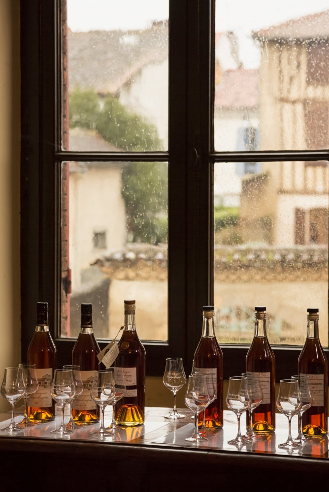 Bottles of Armagnac ready for tasting at Dartigalongue & Fils cellars.